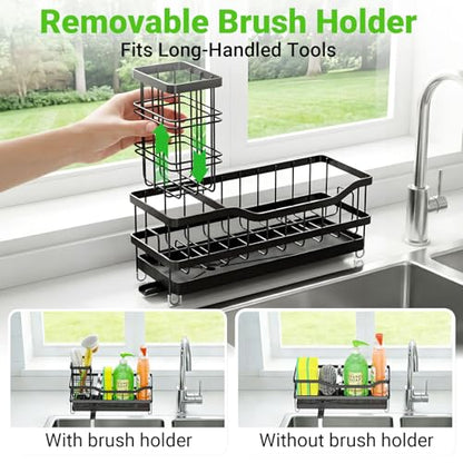Sponge Holder for Kitchen Sink, Self-Draining Sink Caddy Organizer with Removable Brush Holder, Rustproof Metal Sponge Rack for Countertop, Fits Soap Dispenser & Scrubber, Black