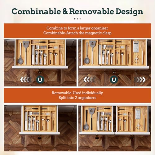 Silverware Organizer Large, Magnetic Connected Expandable 13 Slots Silverware Drawer Organizer From 21 to 37.4 Inches, Adjustable Flatware and Cutlery Holder, Bamboo Utensil Tray for Kitchen Natural