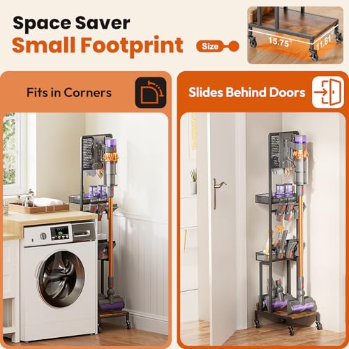 Vacuum Stand for Dyson V15 V12 V11 V10 V8 V7 V6 Gen5, Standing Dock with Accessory Holder, Vacuum Attachments for Dyson Replacement Parts, Floor Docking Station with Cordless Vacuum Storage Organizer