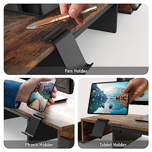 Simple Houseware Desk Dual Monitor Stand Riser with Drawer, Rustic Brown | Customizable Organizer Tray, Built-In Phone & Tablet Slot and Side Storage