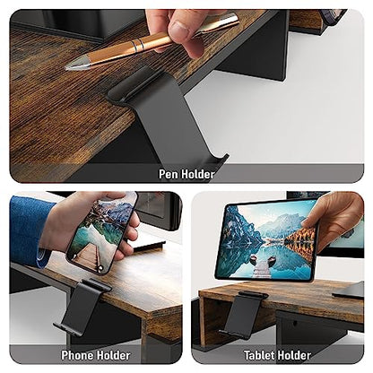 Simple Houseware Desk Dual Monitor Stand Riser with Drawer, Rustic Brown | Customizable Organizer Tray, Built-In Phone & Tablet Slot and Side Storage