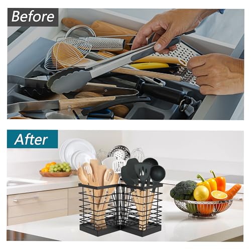 Extra Large Countertop Utensil Holder for Kitchen Counter,Fit Corner | Against Wall,Hold 40 tool,Removable Divider,Easy Clean,Sturdy Farmhouse Cooking Utensil Organizer Caddy,Rutic,Metal,Black