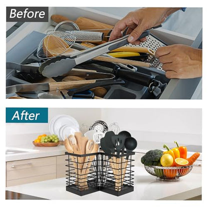 Extra Large Countertop Utensil Holder for Kitchen Counter,Fit Corner | Against Wall,Hold 40 tool,Removable Divider,Easy Clean,Sturdy Farmhouse Cooking Utensil Organizer Caddy,Rutic,Metal,Black