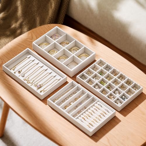 Velvet Jewelry Drawer Organizer Trays – 4-Layer Stackable Jewelry Storage Inserts Set, Beige Jewelry Tray Set for Earrings, Rings, Necklaces, Bracelets with Removable Dividers for Dresser & Vanity
