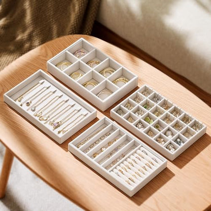 Velvet Jewelry Drawer Organizer Trays – 4-Layer Stackable Jewelry Storage Inserts Set, Beige Jewelry Tray Set for Earrings, Rings, Necklaces, Bracelets with Removable Dividers for Dresser & Vanity