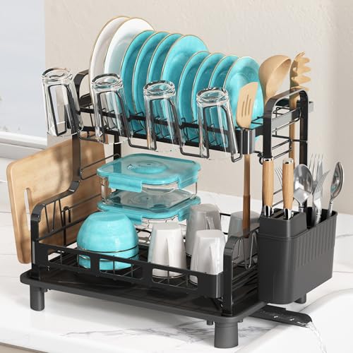 2 Tier Dish Drying Racks for Kitchen Counter with... (Black | Stainless Steel)