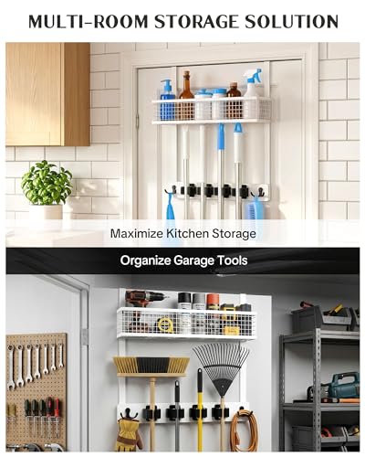 Lorbro Over the Door Broom and Mop Holder with Basket, 4 Grips and 4 Hooks | No-Drill Door Mount, Cleaning Supply Organizer, Wood and Metal Build, Secure Grip Slots, Laundry Garage Closet Use