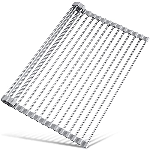 Tomorotec Roll Up Dish Drying Rack Over Sink, 304 Steel, 21x15.5, Grey | Anti-Slip Silicone Rims For Grip, Heat-Resistant Trivet Mat Holding Heavy Cookware, Rustproof Kitchen Counter Space Saver