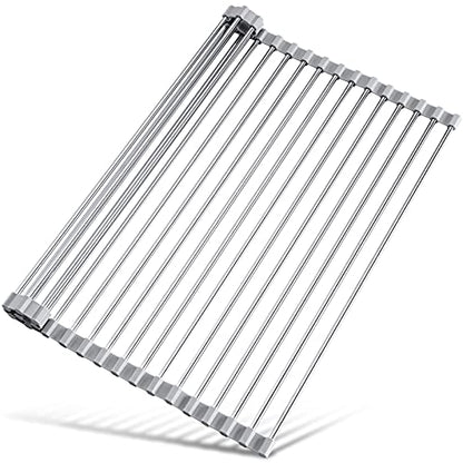 Tomorotec Roll Up Dish Drying Rack Over Sink, 304 Steel, 21x15.5, Grey | Anti-Slip Silicone Rims For Grip, Heat-Resistant Trivet Mat Holding Heavy Cookware, Rustproof Kitchen Counter Space Saver