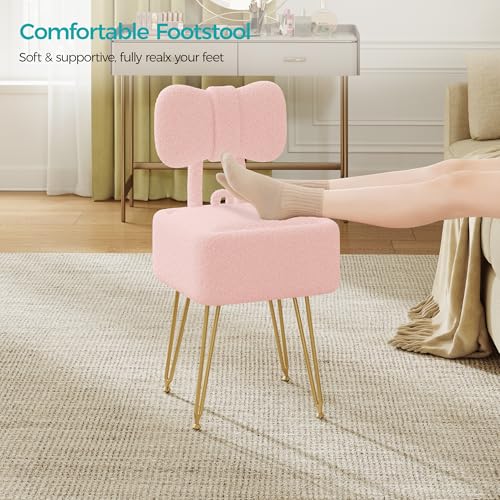 Small Vanity Stool Chair with Storage and Foldable Back, Pink