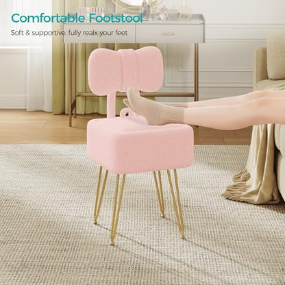 Small Vanity Stool Chair with Storage and Foldable Back, Pink
