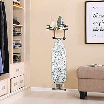 TJ.MOREE Hanger wall mount - Laundry Room Iron and ironing board Holder, Metal with Large Storage Wooden Base Basket and Removable Hooks (Black)