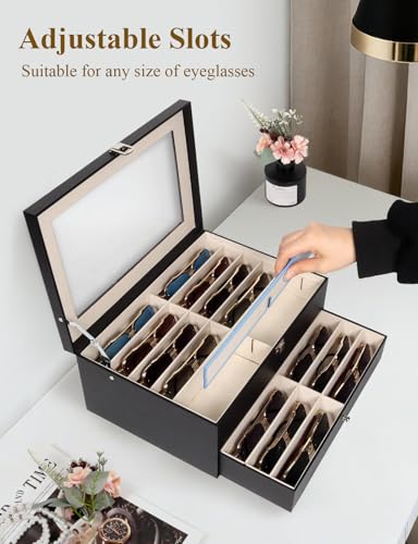 Sunglasses Storage Organizer Case with 24 Adjustable Slots, 2 Layer Multi Eyeglass Glasses Display Box with Lid Women