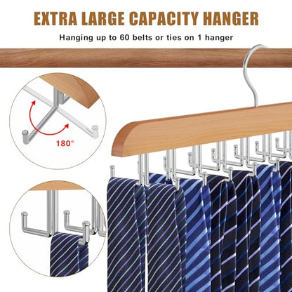 Tie Rack Hanger for Closet, 2 in 1 Belt Tie Hangers with 20 Folding Hooks, 360 Degree Rotating Wooden Tie Holder Organizer for Men Ties Belts Scarves Tank Tops Accessories, Wood (2 Pack)