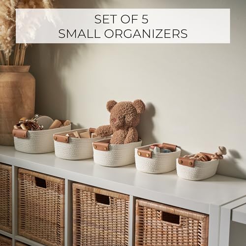 Beautiful Storage Basket Set of 5 - Sturdy Cotton Rope Baskets for Shelves | Perfect for Organizing Your Home - Quality Storage Bins Easily Fit with Any Nursery or Bedroom Decor