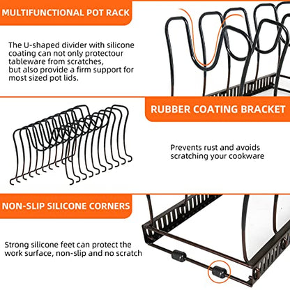 ROOHUA Pot and Pan Lid Organizer Rack for Under Cabinet, 12"-23" Expandable | 10 Adjustable Dividers, Holds Pan Lids, Cookware & Bakeware, Creates Tidy Cabinet Storage, Durable Metal, Bronze