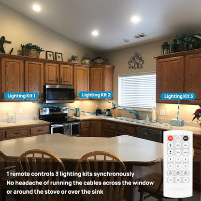 Under Cabinet Lighting Kit Plug in 21W 3000K Dimmable with Remote | 1 Remote Controls Multiple Light Kits Synchronously. For Kitchen Under Above Cabinets Counters Shelf Display Warm White 3000K