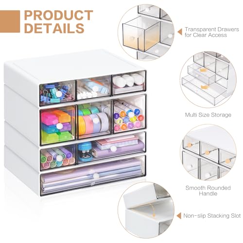 Desk Storage Organizer with 9 Drawers, 4 Tiers Stackable Desktop Craft Storage Drawers, Clear Storage Box Caddy for Stationary Makeup Jewelry Office Craft Supplies (White)