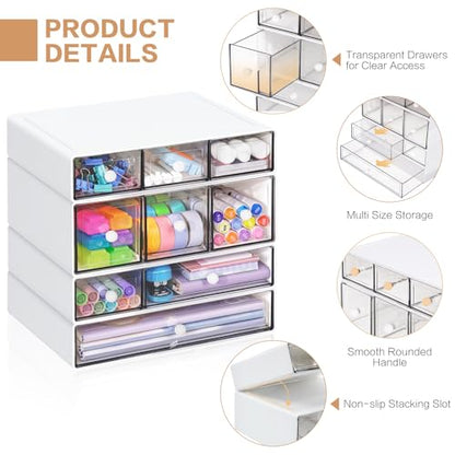 Desk Storage Organizer with 9 Drawers, 4 Tiers Stackable Desktop Craft Storage Drawers, Clear Storage Box Caddy for Stationary Makeup Jewelry Office Craft Supplies (White)