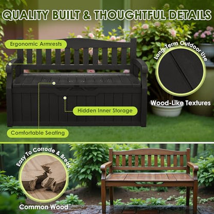 Greesum 80 Gallon Outdoor Storage Bench, Deck Box, Dark Black | Weather-Resistant Patio Furniture Bench for Backyard, Garden, Porch,Seat for Pillows Cushions Patio Accessories