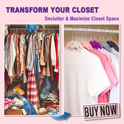 Multi-Color Velvet Hangers 50 Pack with Cascading Hooks, Non-Slip Black, Pink, White, Grey, and Purple Velvet Hangers for Clothes, Suits, and Coats