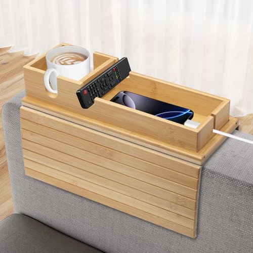 Bamboo Sofa Armrest Tray - Couch Arm Tray with Detachable Couch Cup Holder - 2 in 1 Anti-Slip Foldable Sofa Armchair Caddy Table - Cup Holder for Drinks Cellphone Snacks, Remote