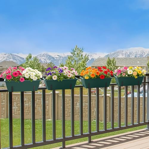 CADUKE 4 Pack Railing Planter Box 16.9 Inches Window Flower Boxes with Metal Brackets Balcony Planters Railing Hanging Fence Planter Plastic Outdoor Deck Railing Planter Boxes, Green