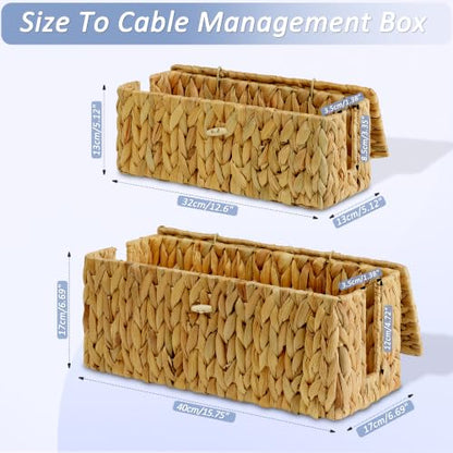 efluky 2 Pack Water Hyacinth Floor Cord Covers with Lid, Hand-woven Cable Management Box, 2 Open Slots Cord Box to to Hide USB Wire, Power Strip & Charger for Home & Office and Dorm, Natural