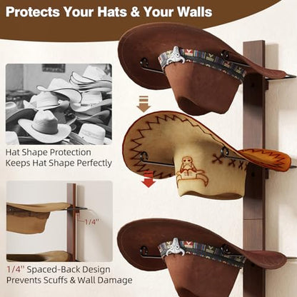 Cowboy Hat Holder, 3-Piece Wall Mount Cowboy Hat Rack for Wall Holds up to 6 Hats – Wooden + Metal Rustic Western DIY Hat Racks for Wall Storage and Home Décor