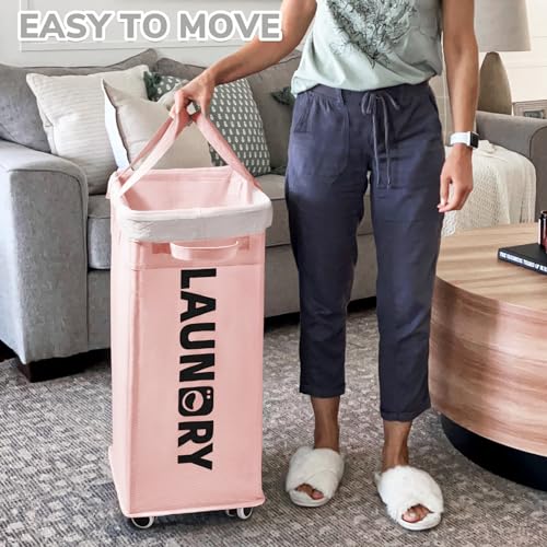 CHICVITA 75L Rolling Laundry Basket with Wheels Removable wash bag, Pink | Laundry hamper for dirty clothes dorm essentials. Pink room Decor for girls kids fit living room nursery room college dorm