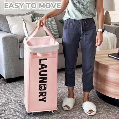 CHICVITA 75L Rolling Laundry Basket with Wheels Removable wash bag, Pink | Laundry hamper for dirty clothes dorm essentials. Pink room Decor for girls kids fit living room nursery room college dorm