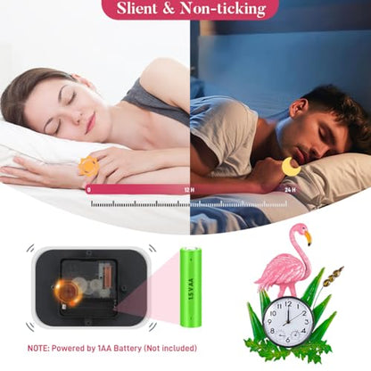 Outdoor Clock with Thermometer & Humidity | Silent None-Ticking, Outdoor Wall Clock Waterproof, Outside Clock for Patio, Living Room, Kitchen, Pink Flamingo