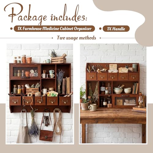 Cinnvoice 23.5 x 19.7 x 6.2 Inch Vintage Apothecary Cabinet with 5 Drawers, Farmhouse Medicine Cabinet, Chicken Wire Wall Shelf with Hooks, Home Office & Bedroom Organization and Storage