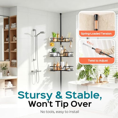 HAMITOR Shower Caddy Tension Pole: 4-Tier Adjustable Corner Organizer Black | Heavy Duty Rustproof L-Shaped Shelves- No Drilling Space-Saving Storage Rack for Family & Renters- 47.72-123.6 inch