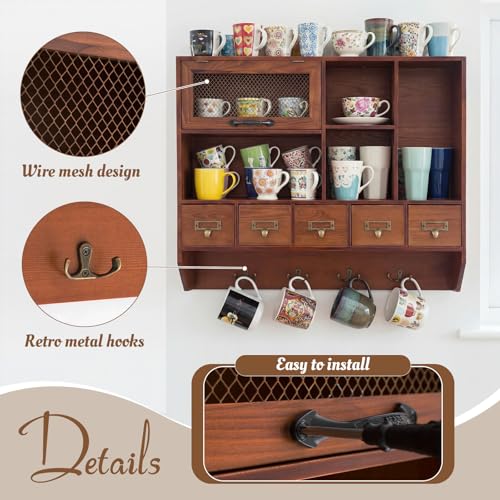 Cinnvoice 23.5 x 19.7 x 6.2 Inch Vintage Apothecary Cabinet with 5 Drawers, Farmhouse Medicine Cabinet, Chicken Wire Wall Shelf with Hooks, Home Office & Bedroom Organization and Storage