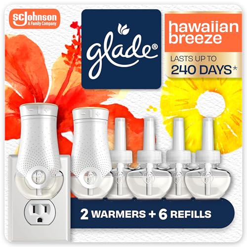 Glade PlugIns Refills Air Freshener Starter Kit, Scented and Essential Oils for Home and Bathroom, Hawaiian Breeze, 4.02 Fl Oz, 2 Warmers + 6 Refills