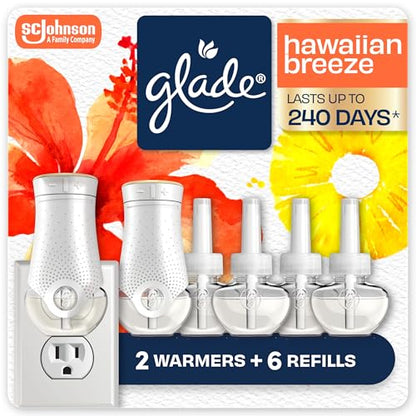 Glade PlugIns Refills Air Freshener Starter Kit, Scented and Essential Oils for Home and Bathroom, Hawaiian Breeze, 4.02 Fl Oz, 2 Warmers + 6 Refills
