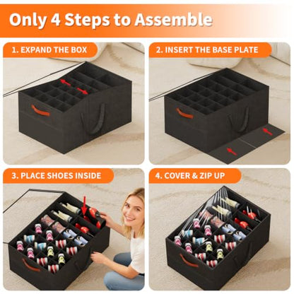 2 Pack Shoe Organizer for Closet, Large Shoe Storage Box, Black | Fits up to 48 Pairs, Stackable, Space Saving, Foldable, Shoes Organizer Bin with Clear Cover, 4 Reinforced Handles