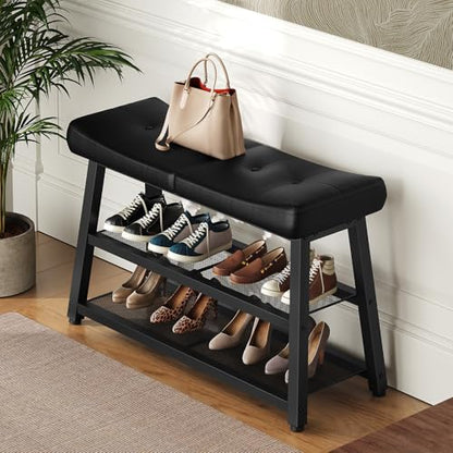 Shoe Bench, 3-Tier Shoe Rack, Entryway Bench with Storage and Cushion, for Hallway, Foyer, Bedroom, Black HX02BB