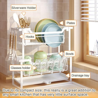 Dish Rack with Drainboard, Organizes Dishes and Bathroom Items for Narrow Spaces, Two-Story Drying Rack Fits 12 Plates 12 Bows 5 Glasses 4 Hooks and Some Cutlery, White