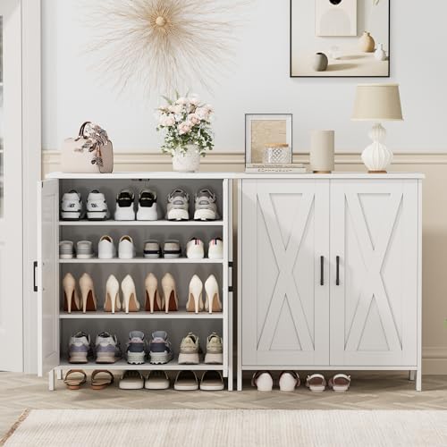 Farmhouse Shoe Cabinet with 2 Barn Doors & Wood Legs | Tall 4-Tier Shoe Storage Cabinet, 3 Adjustable Shelves, Shoe Rack Organizer, for Entryway, Hallway, Closet, White