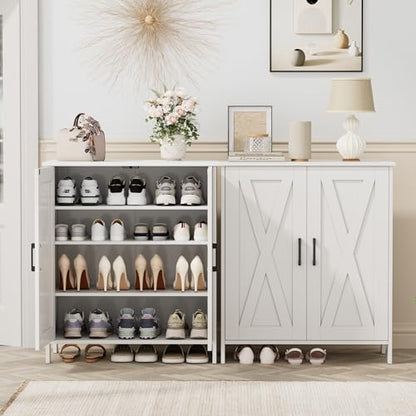 Farmhouse Shoe Cabinet with 2 Barn Doors & Wood Legs | Tall 4-Tier Shoe Storage Cabinet, 3 Adjustable Shelves, Shoe Rack Organizer, for Entryway, Hallway, Closet, White