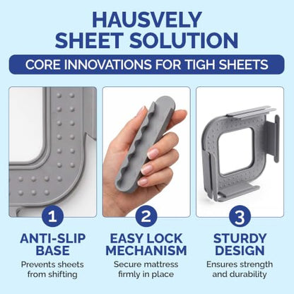 Bed Sheet Holder for Corners (4 Pack) – Keeps Sheets Tight & Wrinkle-Free – Fitted Sheet Clips & Fasteners for King Queen Twin Mattress – Durable Plastic Bedsheet Locker, Grey
