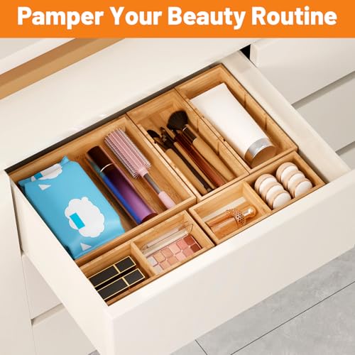 Bamboo Drawer Organizer, 5-Piece Stackable Trays with Removable Dividers | Junk drawer organizer, assorted tray sizes, 5-11 customizable compartments, nestable, kitchen utensils, bathroom, office