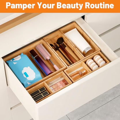 Bamboo Drawer Organizer, 5-Piece Stackable Trays with Removable Dividers | Junk drawer organizer, assorted tray sizes, 5-11 customizable compartments, nestable, kitchen utensils, bathroom, office