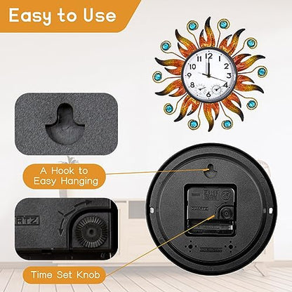 Sun Outdoor Clock with Thermometer and Hygrometer Combo, 13 Inch | Silent No-Ticking, Easy to Read, Quartz Clock Waterproof, Decor for Patio, Living Room, Kitchen, Orange
