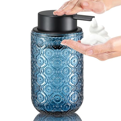 Blue Glass Foaming Hand Soap Dispenser | with Matte Black Pump Thick Embossed Bottle Refillable for Bathroom and Kitchen Decor 13.5 oz