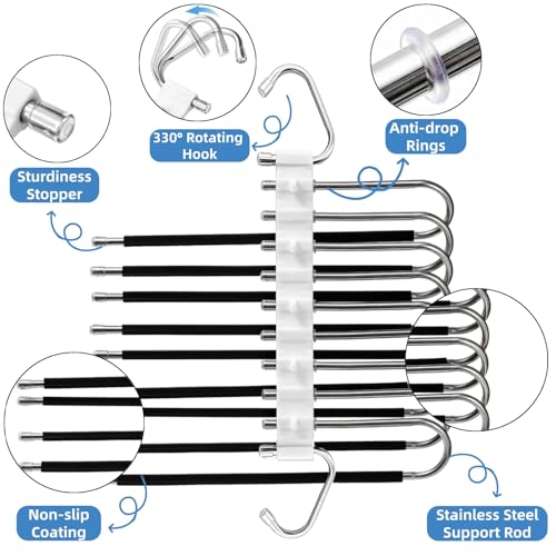 4 Pack Pants Hangers Space Saving 9 Layers, Non-Slip Closet Storage Organizers, Stainless Steel Jean Clothes Hanger Pants Rack for Trousers Scarf Leggings Skirts, Dorm Room Apartment Essentials