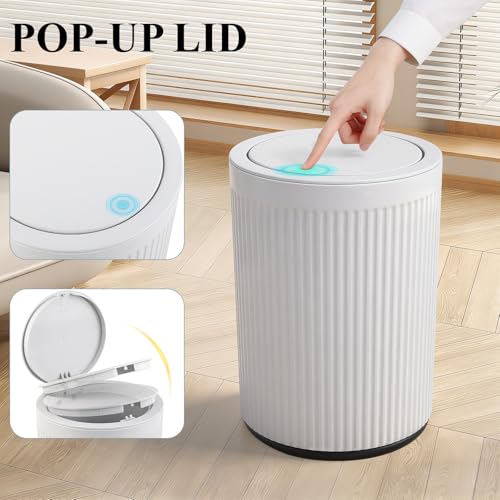 Small Bathroom Trash Can with Lid 2.1 Gallon Plastic Garbage Can White | Sturdy Stylish Decor Trash Bin with Trash Bags Round Wastebasket with Pop-Up Lid for Kitchen Bedroom Office College Dorm