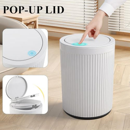 Small Bathroom Trash Can with Lid 2.1 Gallon Plastic Garbage Can White | Sturdy Stylish Decor Trash Bin with Trash Bags Round Wastebasket with Pop-Up Lid for Kitchen Bedroom Office College Dorm